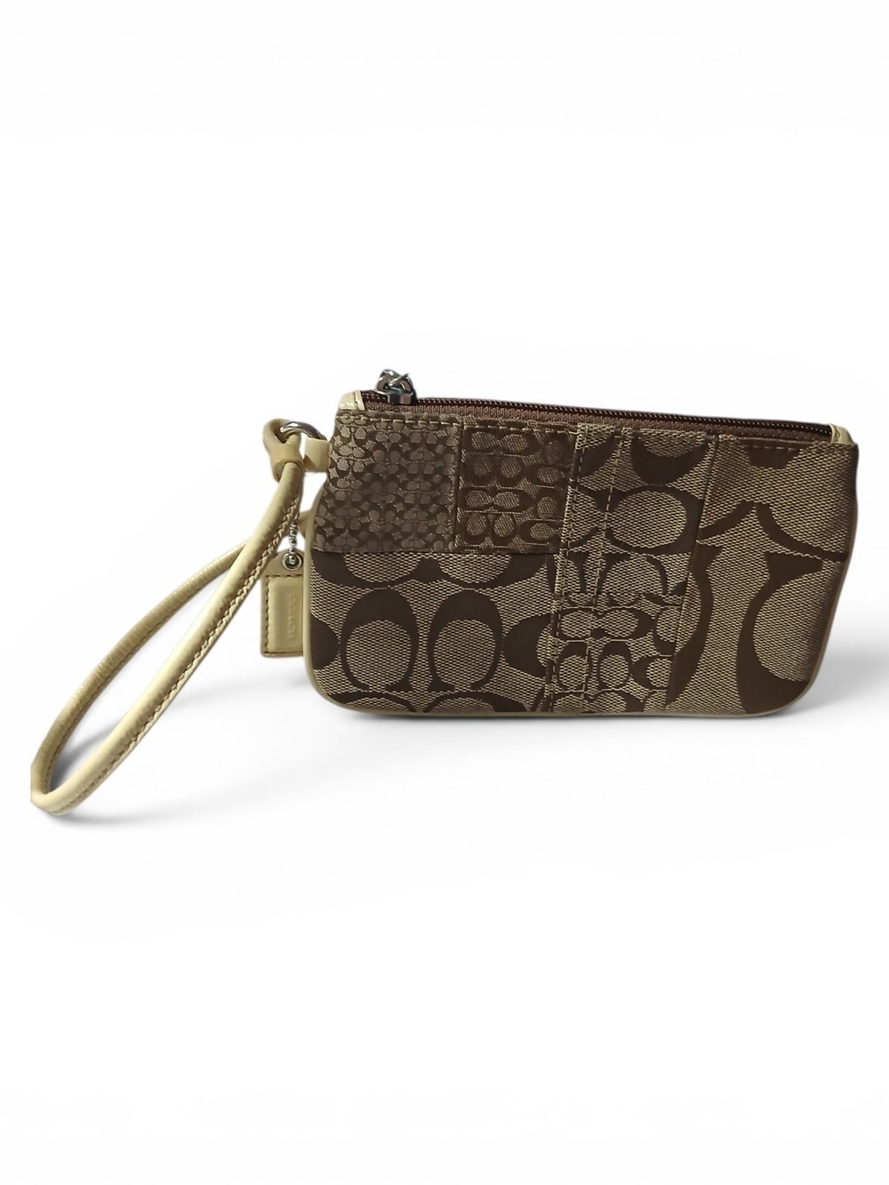 Coach Patchwork Signature Wristlet in Brown and Tan